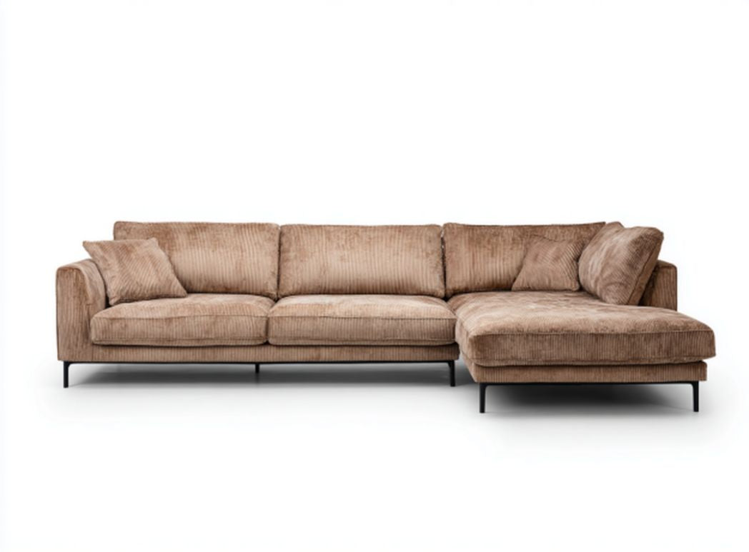 Divano angolare in tessuto grigio con poggiareni e cuscini inclusi 240 x 180 x 90cm