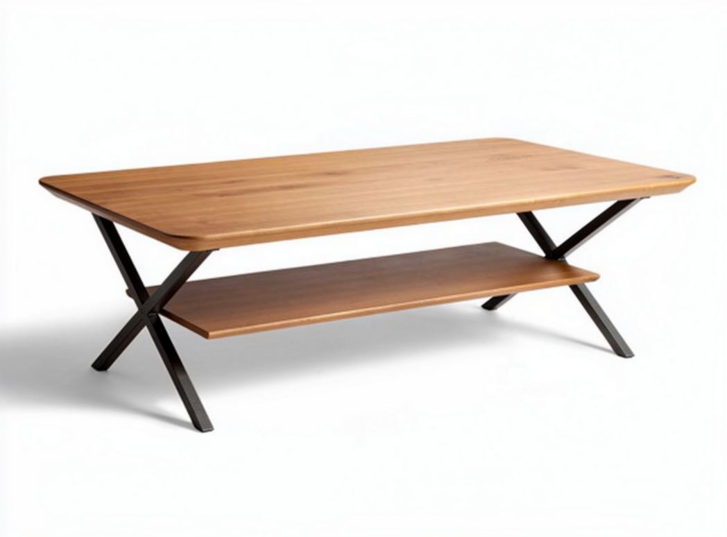 Tavolino da caffè in legno di rovere con ripiano in metallo 120 x 60 x 45cm