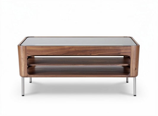 Tavolino da caffè in legno di noce con ripiani in vetro 120 x 60 x 45cm