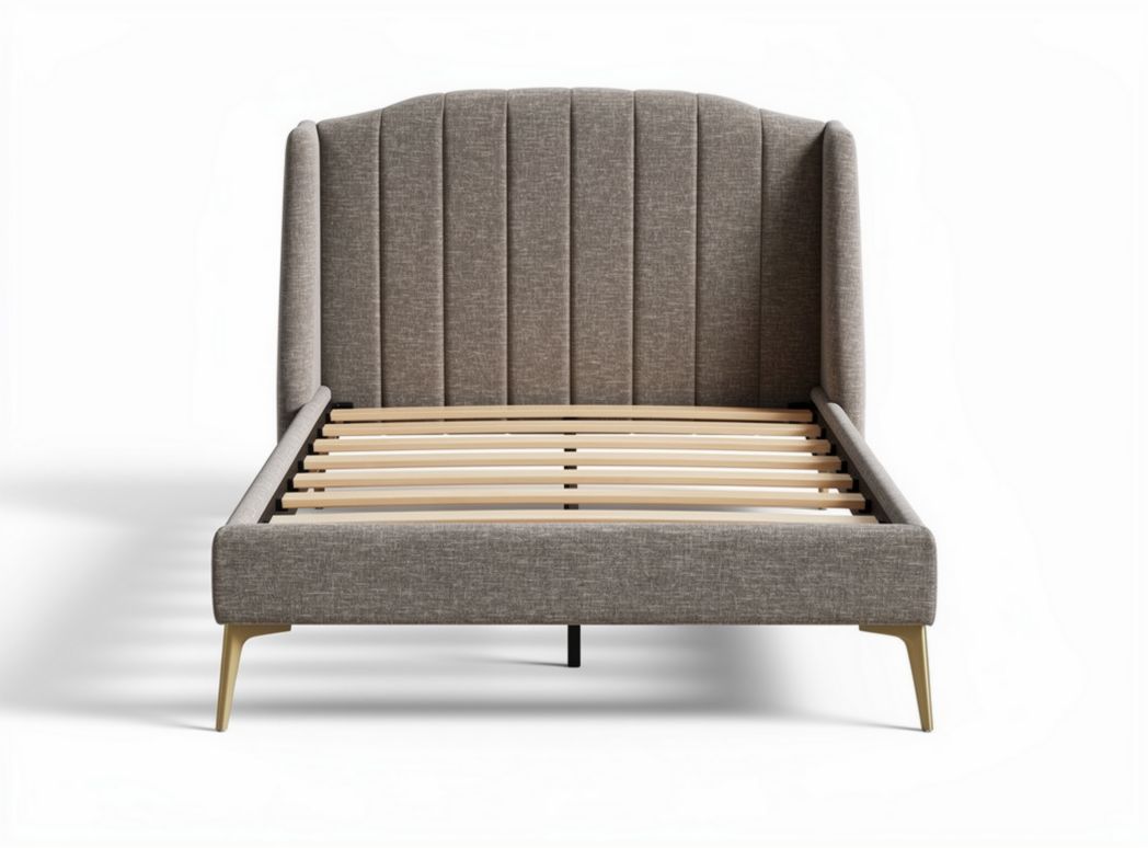 Letto matrimoniale in tessuto grigio con testata imbottita e rete a doghe 200 x 160 x 100cm