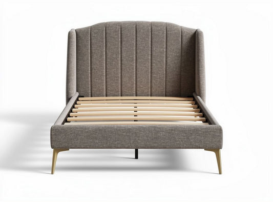 Letto matrimoniale in tessuto grigio con testata imbottita e rete a doghe 200 x 160 x 100cm