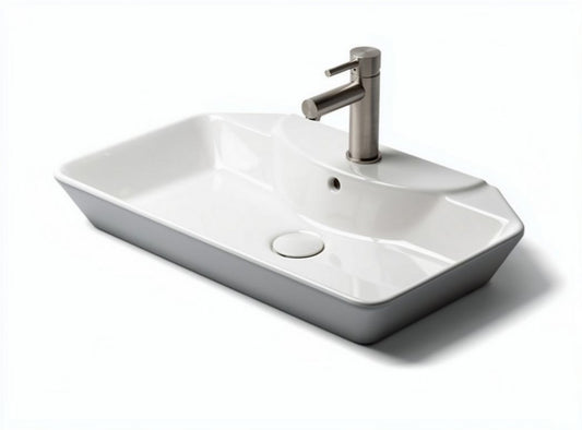 Lavabo rettangolare in ceramica bianca con rubinetto in acciaio inox 60 x 40 x 15cm
