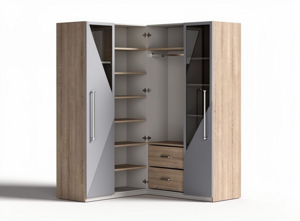 Armadio angolare in legno e vetro con ripiani e cassetti 120 x 80 x 200cm
