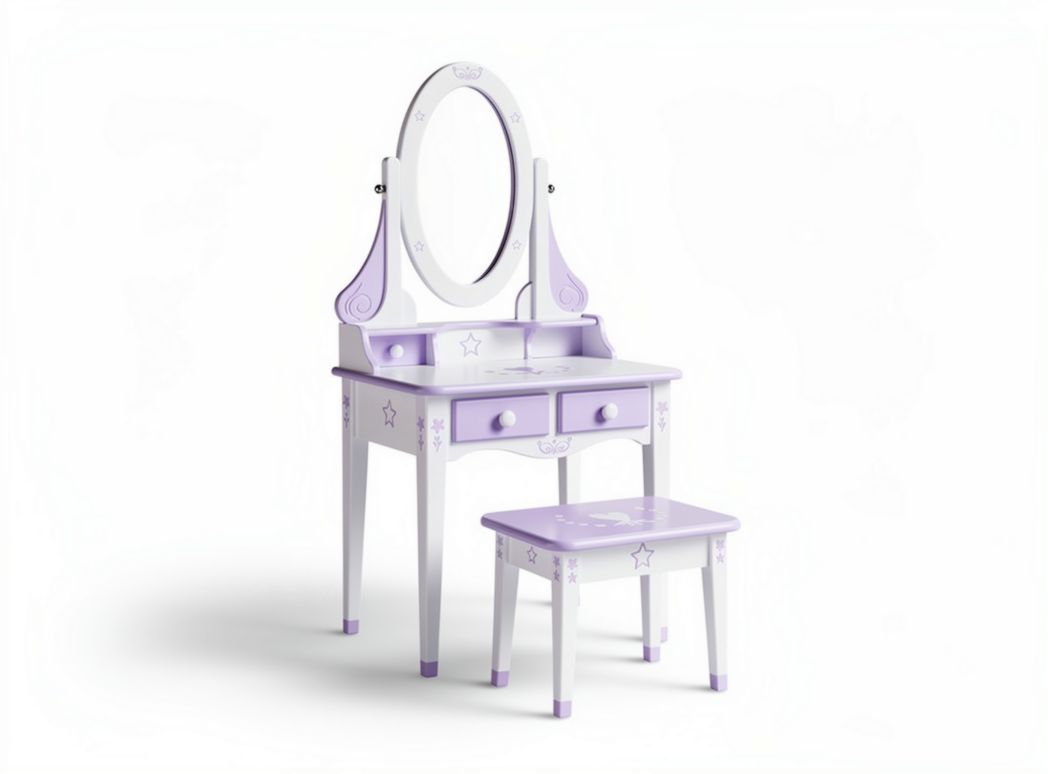 Tolettiera con specchio e sgabello in legno color lavanda 80 x 40 x 130cm