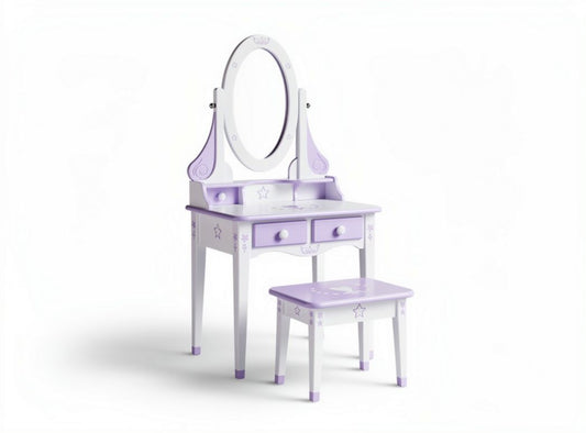 Tolettiera con specchio e sgabello in legno color lavanda 80 x 40 x 130cm
