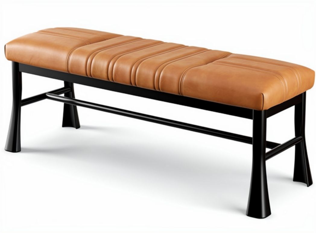 Panchina in legno di rovere con cuscino in pelle nera 120 x 40 x 45cm